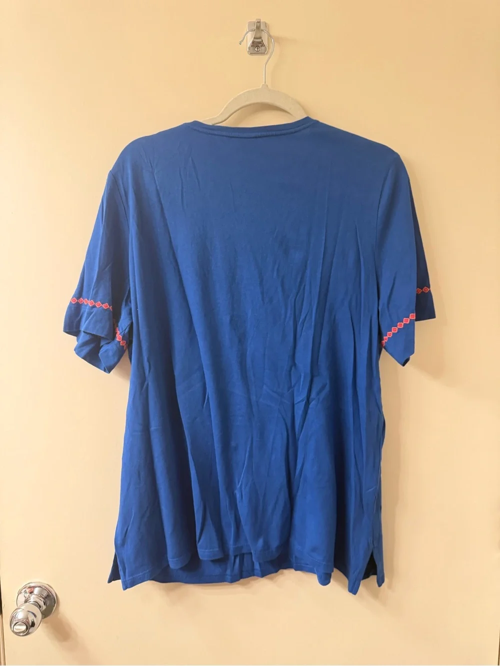 Chico's Embroidered V-Neck Short Sleeve Blouse Top Blue Size 2 (US Large)